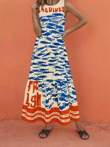 女式字母印花荷叶边下摆休闲度假浪漫无袖连衣裙，春夏季