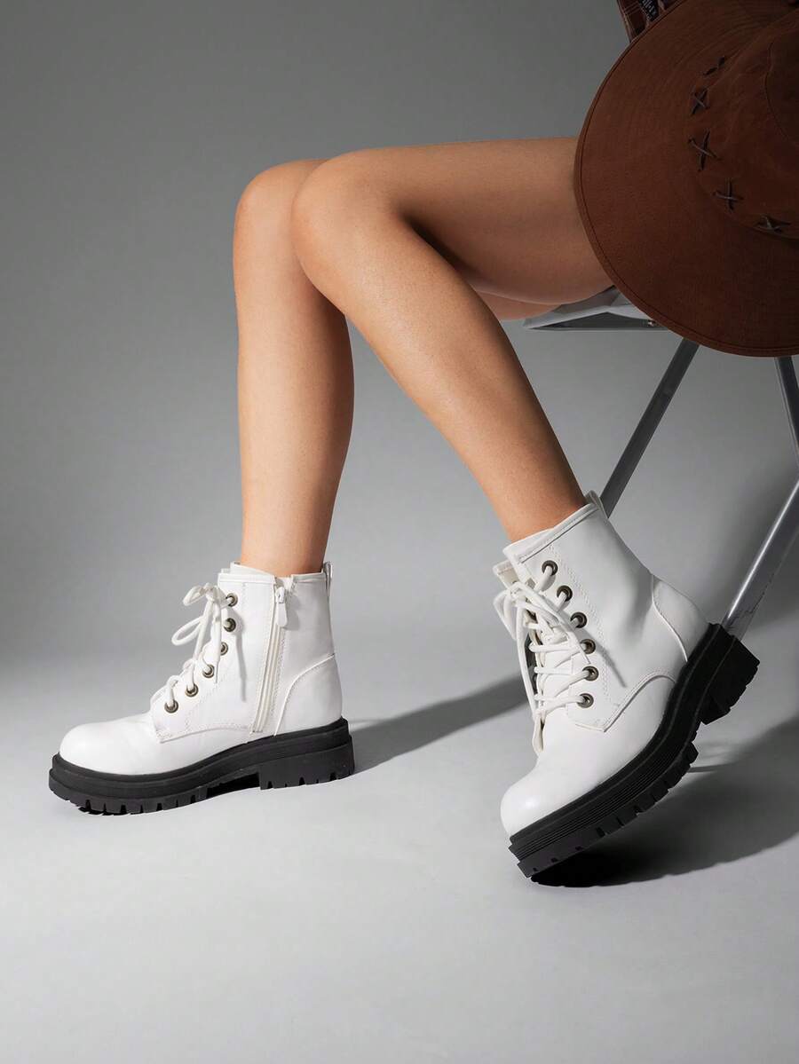 Women's Classic Combat Ankle Boots - 2 Platform, 5 Shaft, Non-Slip Rubber TPR Sole, Side Zipper & Lace-Up, All-Season Outdoor Hiking Booties For Walking, Camping & Rugged Terrain - 白色 - 查看 1