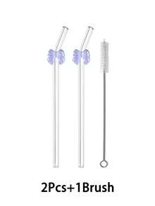 1/2/4/5/6 piezas Pajitas de vidrio transparentes reutilizables con cepillo de limpieza y colgante de lazo morado, adecuadas para bebidas frías, leche, té, café, zumos, batidos, cocina, restaurante, fiesta de cócteles, vuelta al cole, regalo para novio, novia, padres, amigos, festividades, Año Nuevo, Día de San Valentín - Estilo 2 - Ver 16