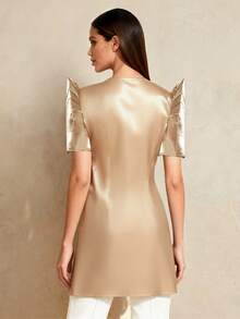 Amyenjoylife Modern Philippine Inspired Blouse, Philippine Inspired Butterfly Sleeve Blouse, Elegant Women's Printed Long Cardigan, Champagne Color Blouse - Champagne - View 2