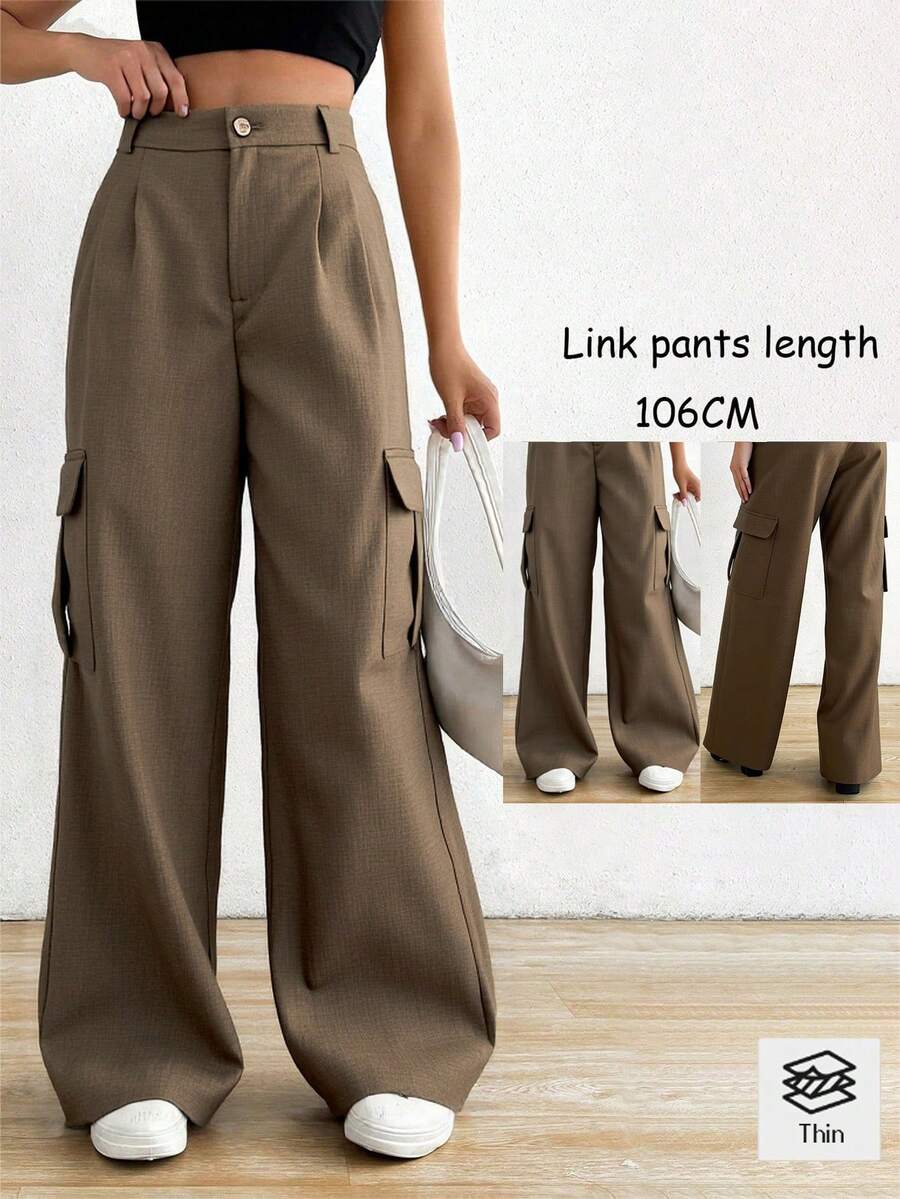 Pantalones de piernas anchas con botones para mujeres, tejidos sólidos, tejidos de poliéster ligeros y cómodos, pantalones individuales de moda elegante - Café integral - Ver 1