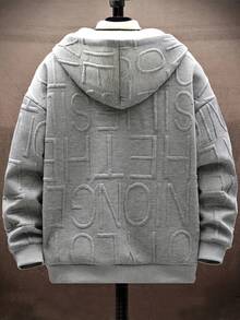 1 件青少年男孩休闲连帽夹克，美式时尚，厚重运动衫，采用大字母纹理针织面料，保暖衬里，适合秋冬保暖