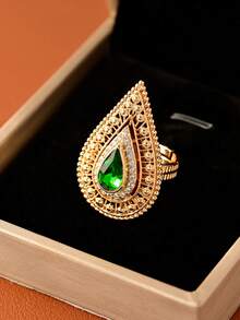 1 件复古奢华红蓝梨形切割方晶锆石宽面女士戒指，镀金镂空指环，适合派对、宴会、婚礼、节日装饰，设计精致的优雅配饰，高贵的珠宝礼物