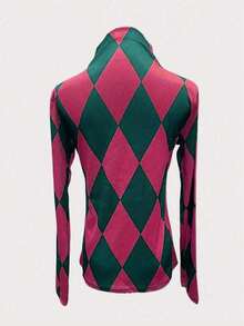 2024 New Spring/Autumn Women Printed Long Sleeve T-Shirt, Slim Fit Mock Neck Casual Undershirt - Hot Pink - View 2