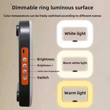 多用途手持式圆形补光灯，USB 充电便携式手机直播摄影灯，桌面自拍灯，自拍照明，手机配件，适合自拍和直播的摄影配件，便携式灯 - 白色 - 查看 3