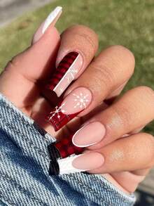 Christmas 24pcs Matte Long Coffin Snowflake Designs French Tip Press-On Nails Perfect Fit Acrylic False Nails Set, Including 1pc Jelly Glue And 1pc Nail File, Fall Nails & Sweater Nails Suitable For Party, Prom, Festival Use - Multicolor - View 7