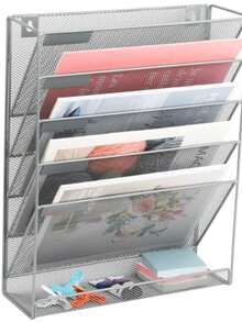 Five-Tier Wall-Mounted Metal File Rack/Storage Rack For Newspapers And Magazines, Office Supplies, Bookends, And Document Holders. - Grey - View 11