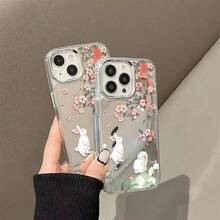 Pink Blossoms Cute Rabbits Element-design phone case, suitable for  models 16, 15, 14 Pro Max, 13, 12, 11, XR, XS Plus phone cases, made of TPU silicone material, providing shock and drop protection, with drop protection function, and has a very good hand feel. It is the most suitable gift for family, friends, and loved ones. - シルバー - チェックする 4