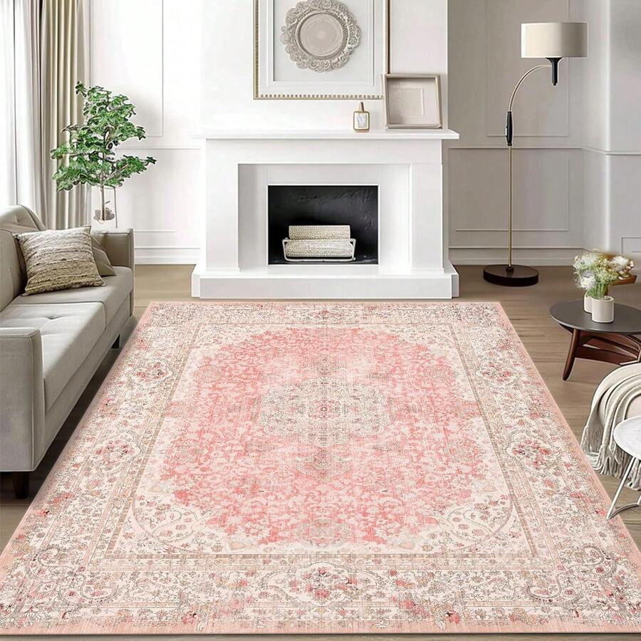 Pink Rug 3x5,Washable Area Rugs For Bedroom Living Room Kitchen Entryway,Small Boho Vintage Bohemian Distressed Non Slip Carpet,Blush - 粉色 - 查看 1