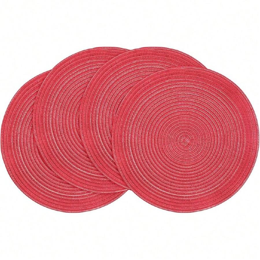 15 Inch Round Braided Placemats Set Of 4, Washable Heat Resistant Cotton Polyester Circle Place Mats For Kitchen Dining Table - Dark Red,26584011 - 紅色 - 查看 1