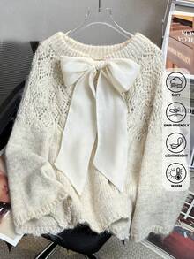 JIANHU 甜美蝴蝶结镂空套头衫女士毛衣 - 新杏色 - 查看 2