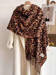1pc Vintage Leopard Print Jacquard Imitation Cashmere Scarf For Women, Fashion Versatile Warm Shawl For Daily Matching Winter Fall
