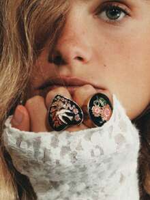 ZAA 花鸟图案树脂滴油戒指，复古手工黑色珐琅釉心形戒指，高端花燕叠层戒指，女士珠宝，6号戒指 - 彩色 - 查看 1