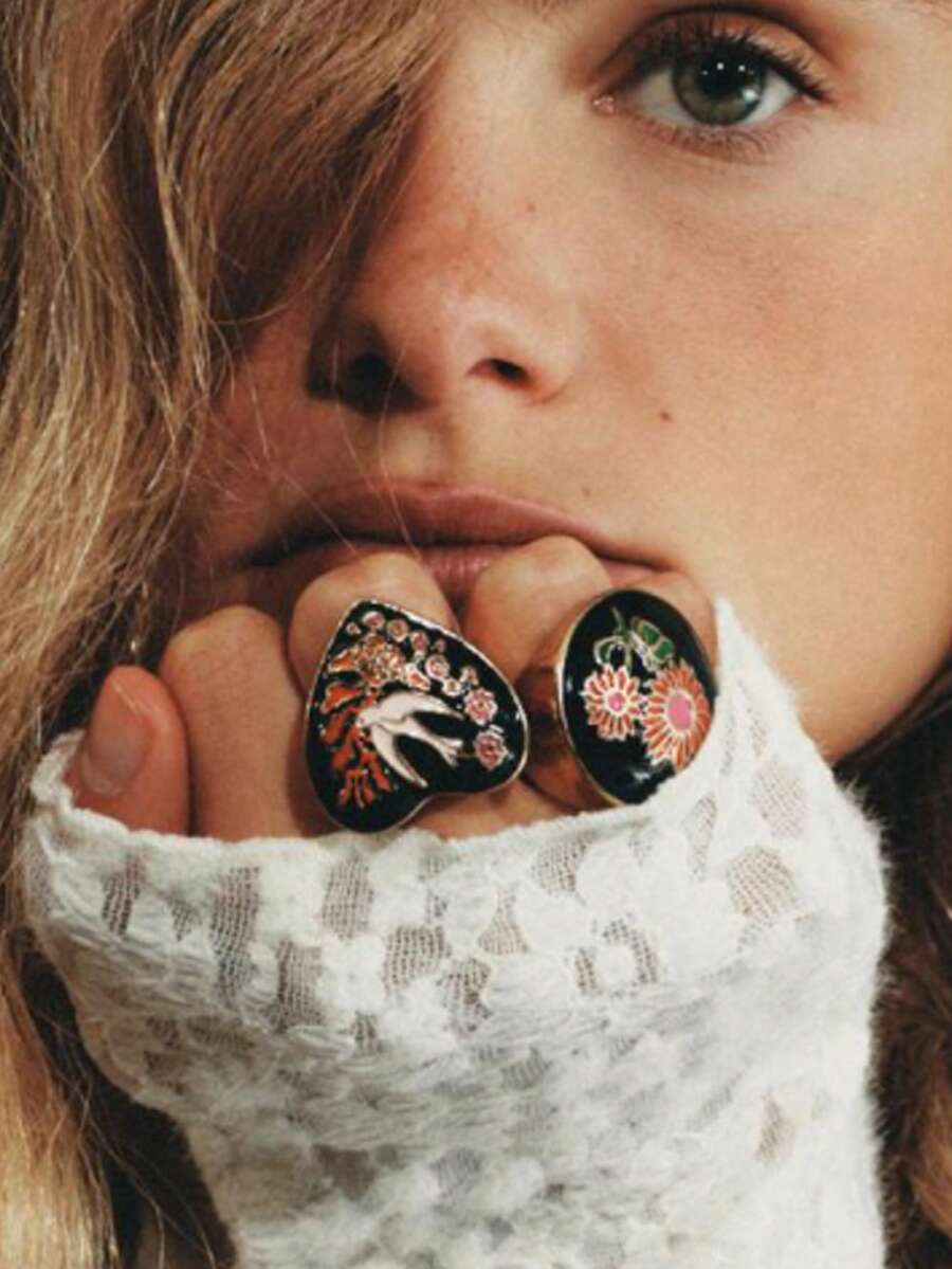 ZAA 花鸟图案树脂滴油戒指，复古手工黑色珐琅釉心形戒指，高端花燕叠层戒指，女士珠宝，6号戒指 - 彩色 - 查看 1