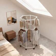 6-Sided Rotating Drying Rack - Sturdy Metal Freestanding Clothes Drying Rack With Wheels, Suitable For Bedroom, Dorm, Apartment - Space-Saving Indoor Hanging And Storage Drying Rack, Laundry Accessory, Stylish Design, Durable Metal Structure