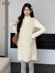 [Y6Y] 女士无袖针织A字中长连衣裙 | 可爱波西米亚风圆领迷你吊带背心连衣裙，带口袋，休闲装 - 杏色 - 查看 7