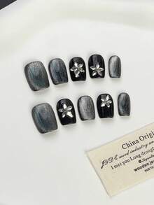 10PCS High-Quality Handmade Giant Black Starry Sky Cat Eye Sparkling Frosted Short Press Nails Suitable For Women's Daily Wear, Parties, And Gatherings. Black Press Nails Come With Jelly Glue And Rubbing Strips As A Gift. [Essential Nails For Autumn And Winter]