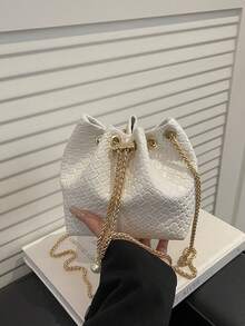 Mini New Fashion Straw Woven Gold Chain Drawstring Bucket Bag Beach Bag - White - View 5