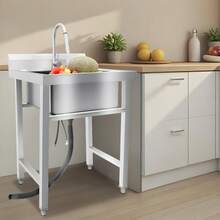 Freestanding Stainless Steel Sink With Adjustable Height, Large Capacity, 4.33" Drain, 360° Rotatable Faucet, Ideal For Kitchen, Laundry, And Commercial Use - Silver - View 1
