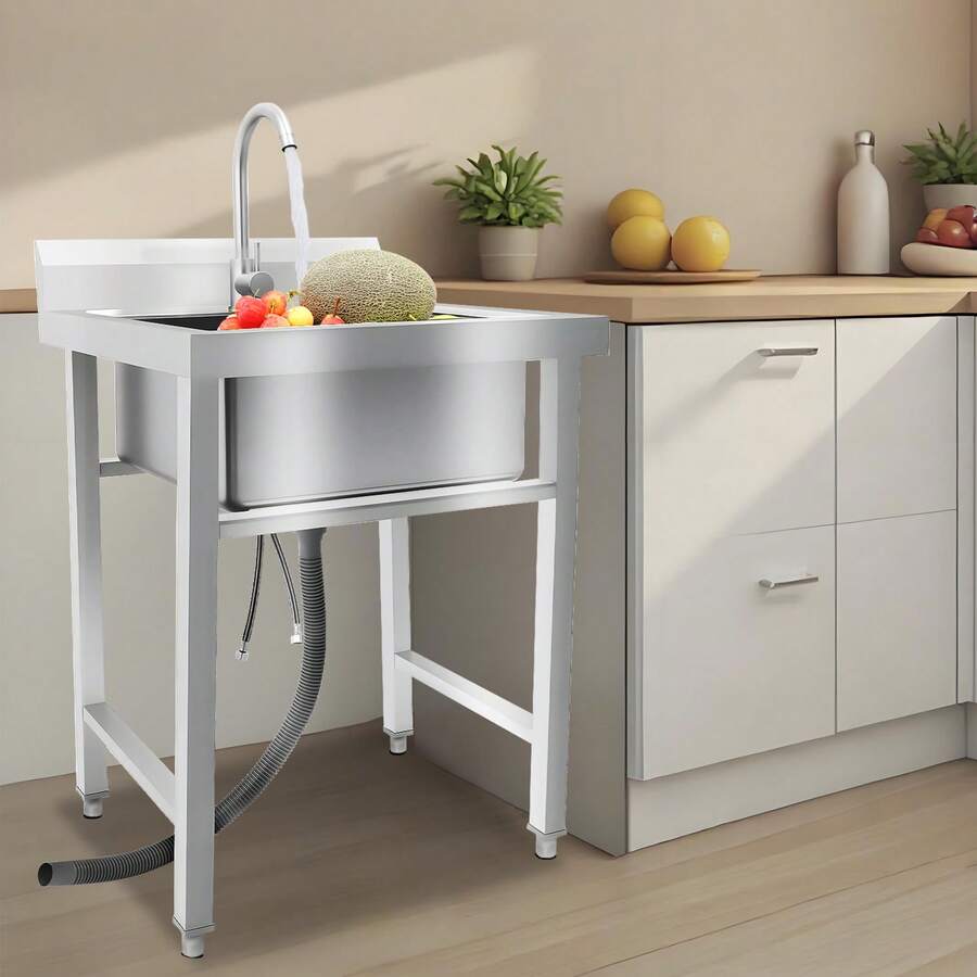 Freestanding Stainless Steel Sink With Adjustable Height, Large Capacity, 4.33" Drain, 360° Rotatable Faucet, Ideal For Kitchen, Laundry, And Commercial Use - Silver - View 1