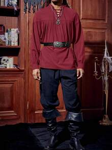 Men's Halloween Costume Blouse Long Sleeve Medieval Pirate Look Steampunk Viking & Renaissance Elements Lace Up Scottish Style - Đỏ - Xem 3