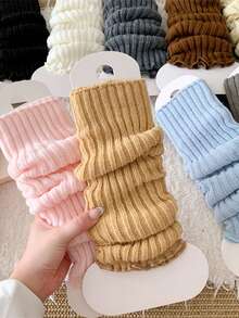 6 Pairs Women's Solid Color Vertical Striped Leg Warmers, Simple Fashion Versatile Autumn/Winter, Cozy - Multicolor - View 4