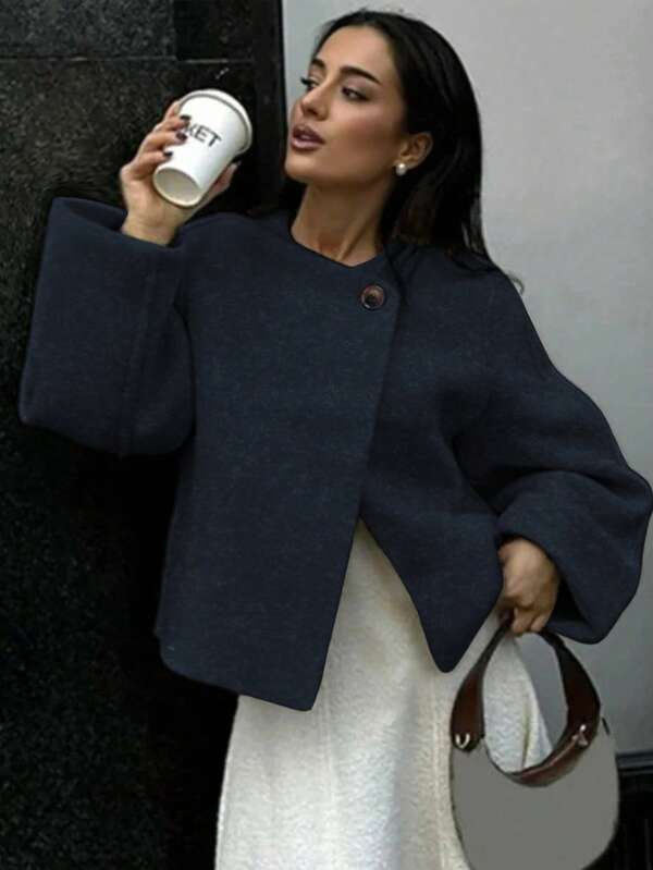 Women's Fashion Elegant Simple/Casual Versatile Loose Button Lined Pocket Thick Short Overcoat, Suitable For Daily Outings, Home, Holidays, Dates, Office, Travel In Autumn/Winter, Christmas Season