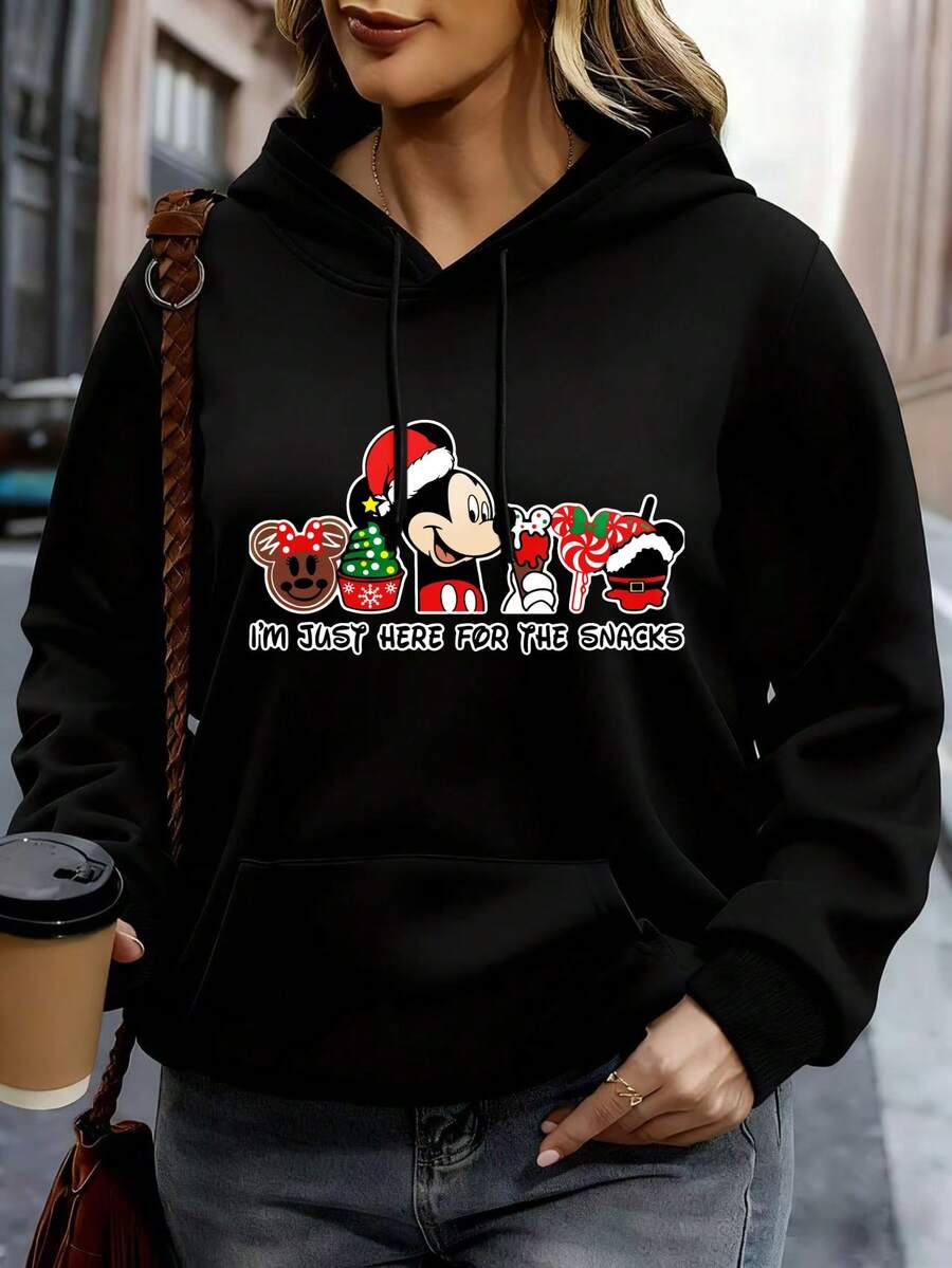 Disney Women Hoodie White Mickey Mouse Minnie Christmas Tree Candy Cane Santa Hat I'm Just Here For The Snacks Print Casual Winter Outwear - Black - View 1
