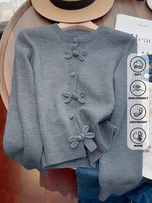 JIANHU Spring Bowknot Knit Cardigan, Cropped Design For Petite Fit, Elegant And Versatile For A Stylish Look - Grey - View 4