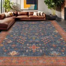 Alfombra de muestra azul marino suave duradera inspirada en la vendimia envejecida de pelo bajo no se desprende fácil de limpiar impresión colorida alfombra para sala de estar - Azul Marino - Ver 3
