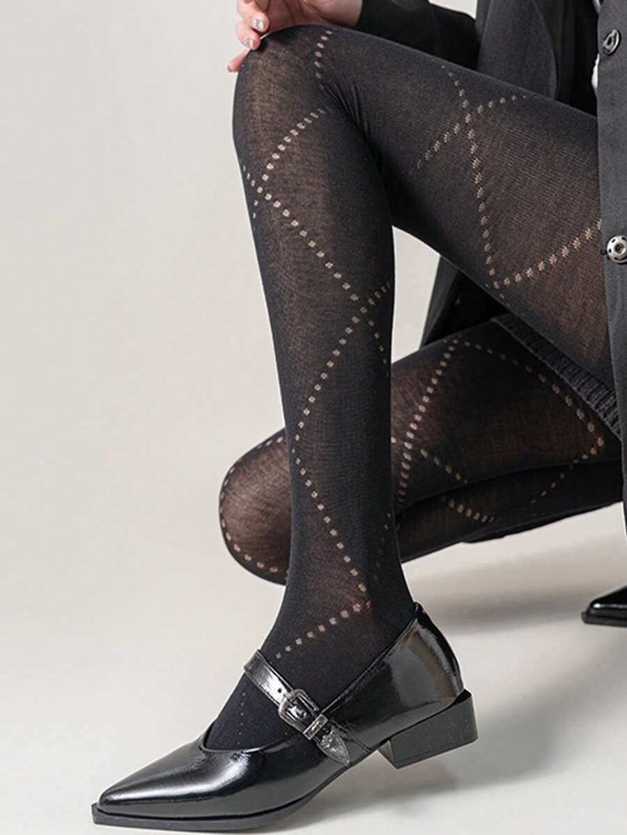 Retro Hollow-Out Diamond Pattern Base Tights, Sheer Thin Pantyhose, Women's Cozy Dark Gray High-Elastic Design, Non-Slip Crotch, Gray Tone Slimming Effect, Japanese JK Style With Straight Heel, Suitable For Layering And Outer Wear. - Multicolor - View 1