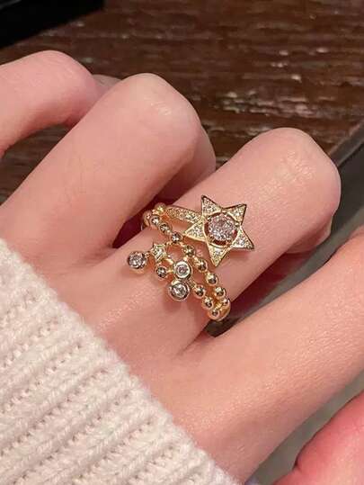 خاتم ذو تصميم فاخر على طراز Ins مزين بالراين ستون بشكل نجمة خماسية، متعدد الاستخدامات للنساء للارتداء اليومي، السيلفي، هدية لصديقة/صديقة المقربة في عيد ميلادها