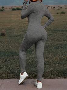 Mystra 女士休闲撞色罗纹拉链连体裤 - 深花灰 - 查看 3