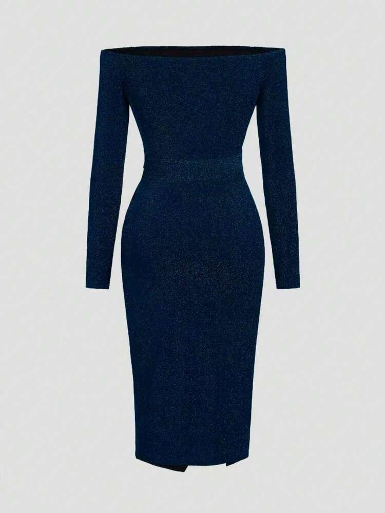 Vestido de Festa Formal Elegante com Paetês, Ombros de Fora, Cintura Marcada, Fenda, Vestido Verde Midi - Azul Marinho - Visão 5