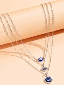 3pcs Asymmetrical Devil's Eye & Fatima's Hand Necklace Set - Silver - View 3