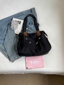 Bolso de mano y bolso de hombro de unicolor con múltiples bolsillos, diseño unisex de moda