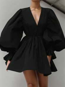 女士黑色复古法式优雅连衣裙，泡泡袖V领褶皱迷你裙，浪漫约会及派对装扮，完美的圣诞/新年正式晚礼服，秋冬派对礼服，新年女装 - 黑色 - 查看 5