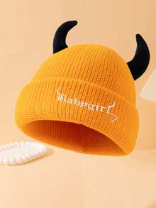 1pc High Quality 85g Large Circumference Women's Fashion Solid Color "BABYGIRL" Embroidered Knit Hat With Horn Decor, Suitable For Halloween Outfit And Outings Winter Women - A - View 14