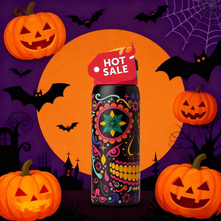32oz Sugar Skull Stainless Steel Insulated Water Bottle  While Hand Washing Is Recommended For The Bottle Body - Ensuring Convenient And Hassle-Free Daily Maintenance. It Delivers 24-Hour Long-Lasting Cold Retention. The Wide Mouth Allows Easy Addition Of Ice Cubes And Effortless Cleaning; The Lid Is Equipped With A Portable Carry Loop That Doubles As A Lock When Closed. Suitable For Various Daily Scenarios Such As Fitness, Running, And School Commuting - 糖骷髏32oz - 查看 1