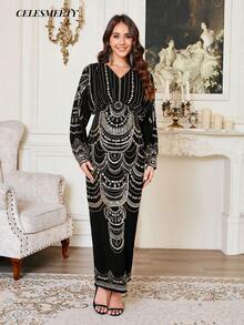 奢华皇家风黑色金亮片刺绣正式礼服，优雅雪纺蝙蝠袖晚礼服，适合派对、婚礼、家庭聚会等场合。 - 金色 - 查看 7