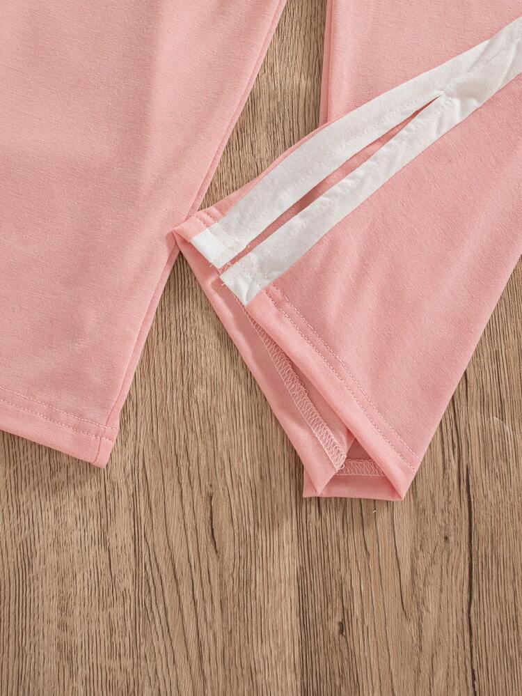 2pcs/Set Girls Casual Everyday Wear Fashion Solid Color 3D Floral Decor Round Neck Short Sleeve T-Shirt And Long Pants, Summer - Pink - View 11