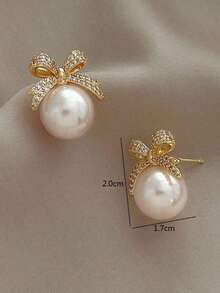 1pair Bowknot-Shaped Faux Pearl & Rhinestone Inlaid Earrings With Elegant And Sophisticated Design Valentines - 多色 3 - 查看 5