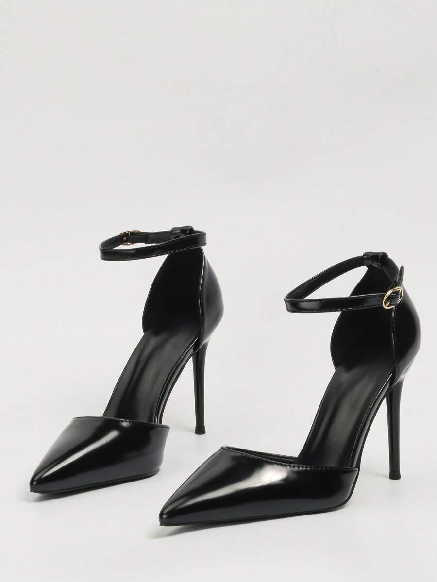 欧美风极简镂空女鞋，尖头细跟套脚凉鞋，高跟鞋 - 黑色 - 查看 1