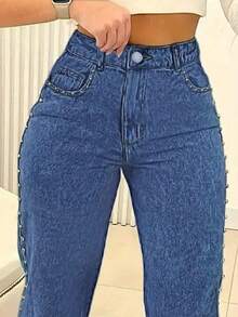 Jeans rectos y holgados de talla grande para mujer con remaches - Azul lavado oscuro - Ver 5