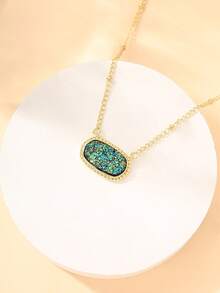 1 chiếc vòng cổ bằng đồng hình bầu dục vàng cổ điển thanh lịch và thời trang, tuyệt vời để kết hợp hàng ngày, món quà hoàn hảo cho bạn bè - vàng xanh - Xem 1