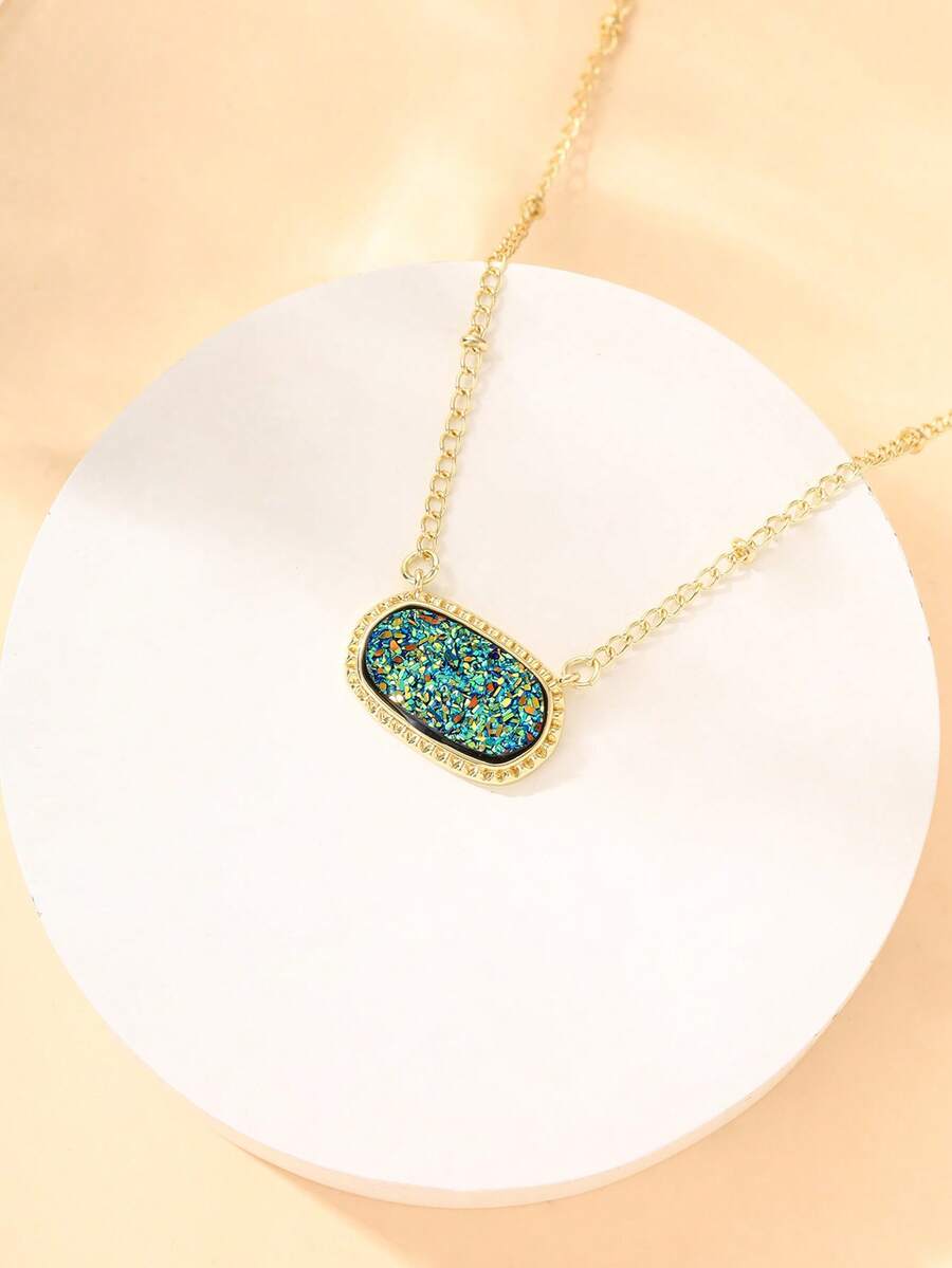 1 chiếc vòng cổ bằng đồng hình bầu dục vàng cổ điển thanh lịch và thời trang, tuyệt vời để kết hợp hàng ngày, món quà hoàn hảo cho bạn bè - vàng xanh - Xem 1
