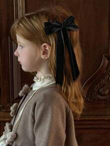 2Pcs Black Velvet Hair Bow Clips Hair Ribbon 2 Layers Hair Ribbon Bows Long Tails Bowknot Fall Winter Hair Accessories For Girl Daily Wear Hair Metal Clips Christmas Gift For Girl, Hair Clips Claw - Black - View 2