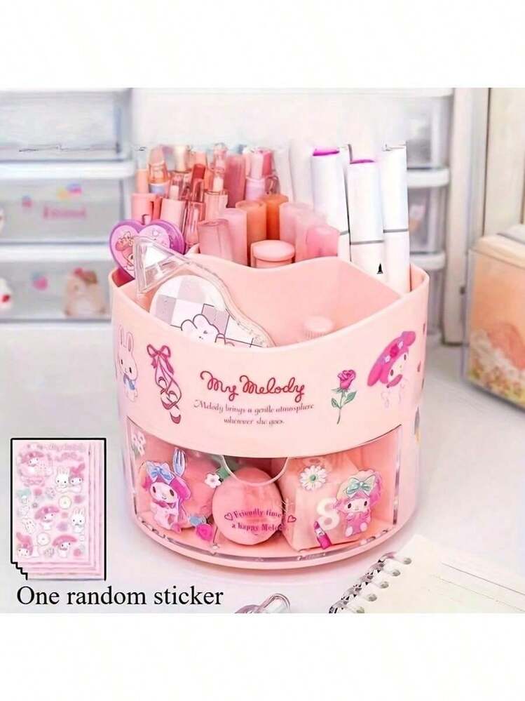 1pc Sanrio Large Capacity Storage Box - Cute & Convenient Multifunctional Storage Box With 360° Rotating Pen Holder, Drawer Design, Suitable For Desktop Organization, Minimalist & Durable, Great For Storing Pens/Accessories/Cosmetics, Must-Have For Sanrio Fans (Random Sticker Included) - Multicolor - View 4