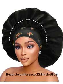 قبعة حرير للنوم للنساء ذات حافة واسعة وحزام مطاطي مطبوع، قبعة نوم من الحرير الناعم للشعر المجعد (نمط طباعة عشوائي)