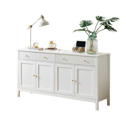 Modern White 4-Door Sideboard, Design With Curved Doors And Matte Finish, MDF Structure For Living Room And Dining Room, Elegant Storage Solution